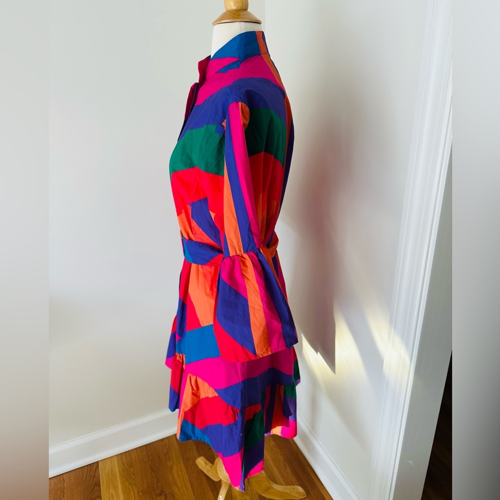 FARM Rio Amanda Stripes Mini Ruffle Buttoned Mock Neck Bell Sleeve Dress - Picture 2 of 15